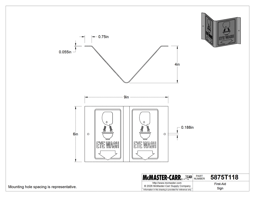 Technical Drawing of First-Aid Sign, Flange-Mount, Eye Wash and Arrow Message, 6" High, 9" Wide.